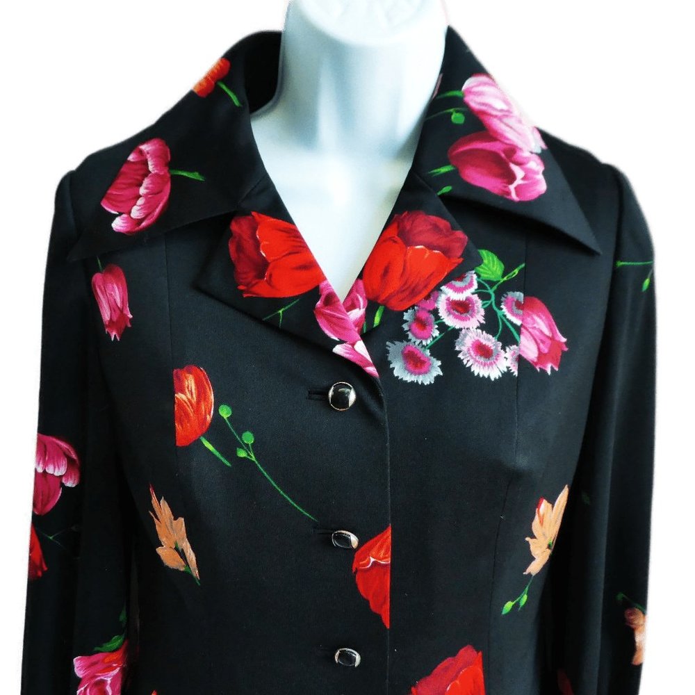 Vintage 70s 2pc Maxi Dress Jacket Suit Set Black Floral Sweetheart V Neck Moody - Picture 4 of 12